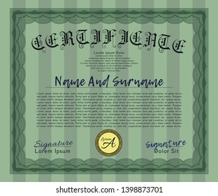 Green Classic Certificate template. Vector illustration. Easy to print. Money Pattern. 