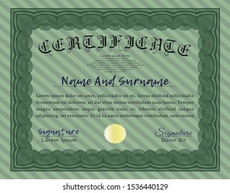 Green Classic Certificate template. Vector illustration. With guilloche pattern. Money design. 