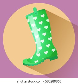 Green classic rainboot with white hearts pattern vector icon. Side view.