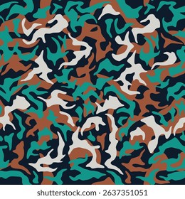 Green classical camouflage pattern. Army khaki clothing style background. Forest masking military camo. Vector seamless texture