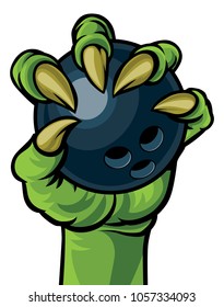 A green claw monster hand holding a bowling ball