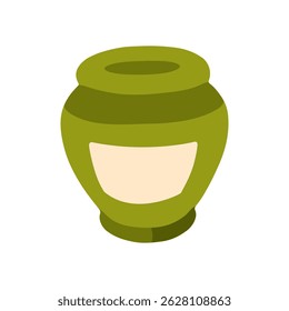 Green Clay Jar Illustration. Simple green ceramic jar with blank label in flat cartoon style, isolated on white, decorative storage container.