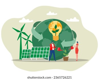 Green Clean Energy Concept ,People with environmentally friendly energy,save energy, Solar panel and wind turbine.day of the EarthVector illustration   