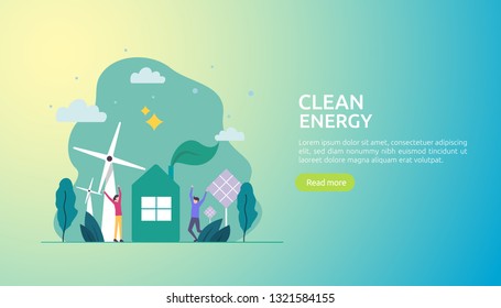 Green Clean Energy Sources. Renewable Electric Sun Solar Panel And Wind Turbines. Environmental Concept With People Character. Web Landing Page Template, Banner, Presentation, Social, And Print Media