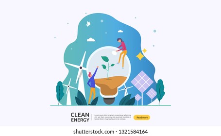 green clean energy sources. renewable electric sun solar panel and wind turbines. environmental concept with people character. web landing page template, banner, presentation, social, and print media