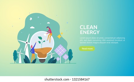 green clean energy sources. renewable electric sun solar panel and wind turbines. environmental concept with people character. web landing page template, banner, presentation, social, and print media