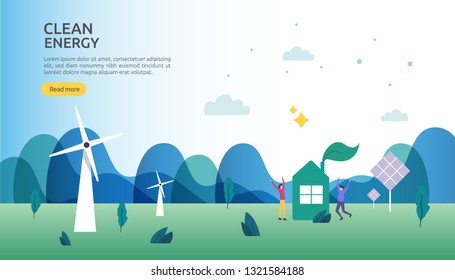 green clean energy sources. renewable electric sun solar panel and wind turbines. environmental concept with people character. web landing page template, banner, presentation, social, and print media