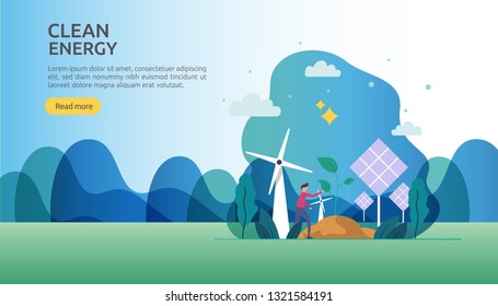 green clean energy sources. renewable electric sun solar panel and wind turbines. environmental concept with people character. web landing page template, banner, presentation, social, and print media
