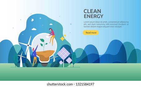 green clean energy sources. renewable electric sun solar panel and wind turbines. environmental concept with people character. web landing page template, banner, presentation, social, and print media