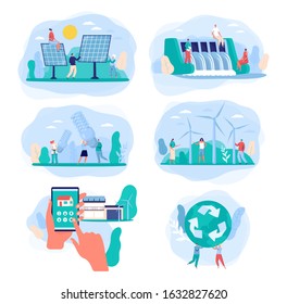 Green clean energy sources, renewable electric power vector illustration. Set of isolated stickers, sustainable energy technologies. Solar panels, wind turbines, environment concept people characters