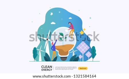 green clean energy sources. renewable electric sun solar panel and wind turbines. environmental concept with people character. web landing page template, banner, presentation, social, and print media