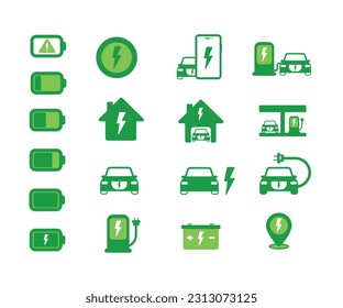 green clean enery electric car simple flat design icon set, illustration of ev car icon collection