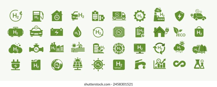 Green clean hydrogen concept. With icons set of sustainable environmental, H2 energy, green industry and alternative energy in the future.