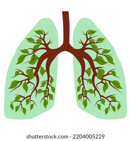 Green clean lungs, symbol of healthy lifestyle and clean air, ecology. Tree with green leaves like bronchi isolated on white. Vector icon or design element.
