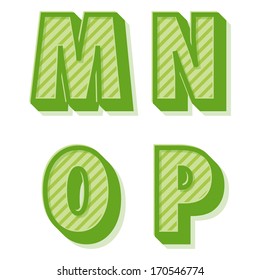 Green clean vector retro 3d striped alphabet and numbers M,N,O,P
