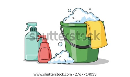 Green cleaning bucket filled with soapy suds and a yellow cloth next to two spray bottles on a clean white background.
