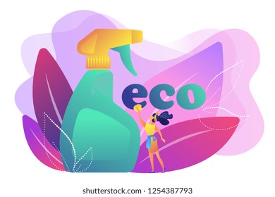 Empleado de la empresa de limpieza ecológica se prepara con aerosol natural. Limpieza ecológica, empresa de limpieza ecológica, concepto de servicio respetuoso con el medio ambiente. Ilustración aislada de vector violeta brillante brillante