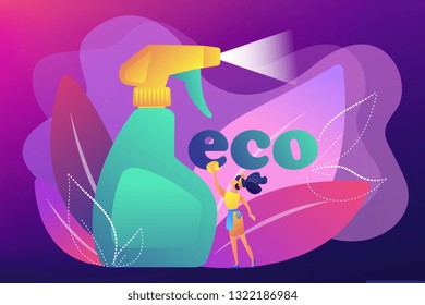 Green cleaning company employee tidies up with nature friendly spray. Green cleaning, eco cleaning company, environmentally friendly service concept. Bright vibrant violet vector isolated illustration