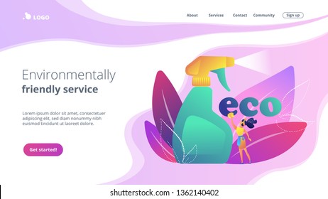 Green cleaning company employee tidies up with nature friendly spray. Green cleaning, eco cleaning company, environmentally friendly service concept. Website vibrant violet landing web page template.