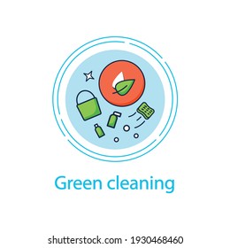 Icono de línea de concepto de limpieza verde. Productos ecológicos. Sin productos químicos. Cero residuos de productos, cuidado del medio ambiente. Concepto de limpieza orgánica.Metáfora de concepción aislada vectorial
