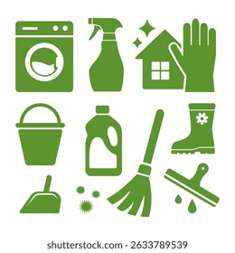Green cleaning-related icons : washing machine, spray bottle, rubber gloves, mop, bucket, detergent, soap, clean house, boots, window squeegee, dustpan. Ideal for hygiene or housekeeping visuals.