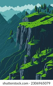 Green cliff. A ravine overgrown with grass. Vector mountains.