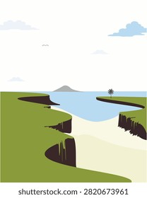 a green cliff valley and winding sandy riverbed leading straight into the blue sea under a clear sunny sky with fluffy clouds, showcasing a peaceful tropical coastline with a coconut palm tree, distant island mountain, flying bird silhouette, and serene outdoor nature landscape illustration artwork background template