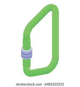 Green climbing carabiner for mountaineering equipment isometric icon