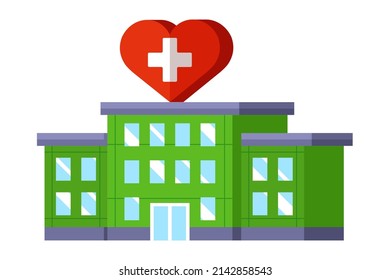 green clinic building with a sign in the shape of a heart. life saving facility. flat vector illustration.