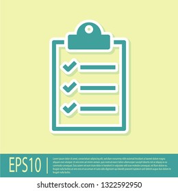 Green Clipboard with checklist icon isolated on yellow background. Flat design. Vector Illustration