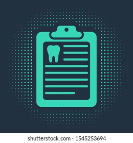 Green Clipboard with dental card or patient medical records icon isolated on blue background. Dental insurance. Dental clinic report. Abstract circle random dots. Vector Illustration