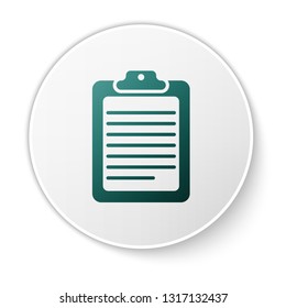 Green Clipboard with document icon isolated on white background. Green circle button. Vector Illustration