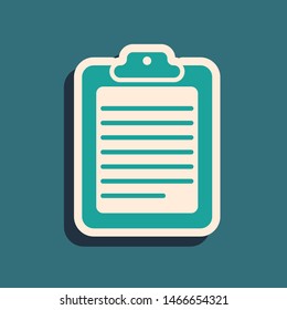 Green Clipboard with document icon isolated on blue background. Long shadow style. Vector Illustration