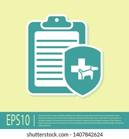 Green Clipboard with medical clinical record pet icon isolated on yellow background. Health insurance form. Medical check marks report. Vector Illustration