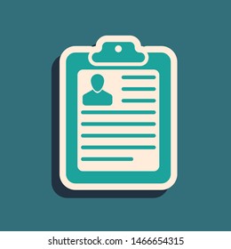 Green Clipboard with resume icon isolated on blue background. CV application. Curriculum vitae, job application form with profile photo. Long shadow style. Vector Illustration