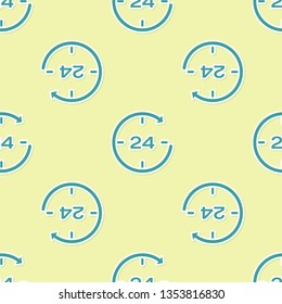 Green Clock 24 hours icon isolated seamless pattern on yellow background. All day cyclic icon. 24 hours service symbol. Flat design. Vector Illustration