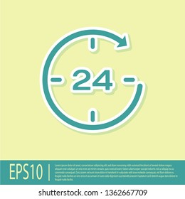 Green Clock 24 hours icon isolated on yellow background. All day cyclic icon. 24 hours service symbol. Flat design. Vector Illustration