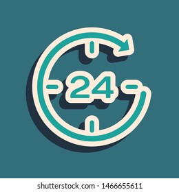 Green Clock 24 hours icon isolated on blue background. All day cyclic icon. 24 hours service symbol. Long shadow style. Vector Illustration