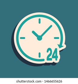 Green Clock 24 hours icon isolated on blue background. All day cyclic icon. 24 hours service symbol. Long shadow style. Vector Illustration