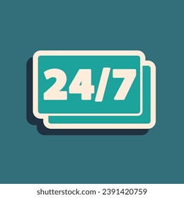 Green Clock 24 hours icon isolated on green background. All day cyclic icon. 24 hours service symbol. Long shadow style. Vector