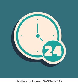 Green Clock 24 hours icon isolated on green background. All day cyclic icon. 24 hours service symbol. Long shadow style. Vector