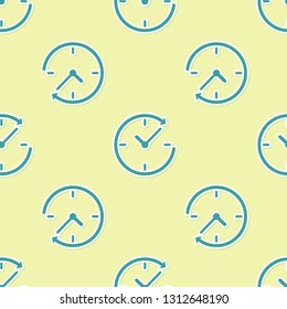 Green Clock with arrow icon isolated seamless pattern on yellow background. Time symbol. Clockwise rotation icon arrow and time. Vector Illustration