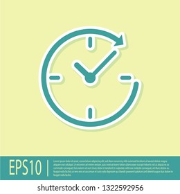 Green Clock with arrow icon isolated on yellow background. Time symbol. Clockwise rotation icon arrow and time. Flat design. Vector Illustration