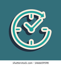 Green Clock with arrow icon isolated on blue background. Time symbol. Clockwise rotation icon arrow and time. Long shadow style. Vector Illustration