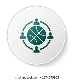 Green Clock with basketball ball inside icon isolated on white background. Basketball time. Sport and training. White circle button. Vector Illustration
