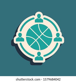 Green Clock with basketball ball inside icon isolated on blue background. Basketball time. Sport and training. Long shadow style. Vector Illustration