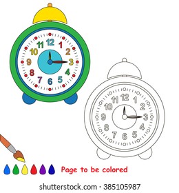 Green clock cartoon. Page to be colored. 