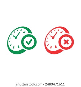 green clock and green check symbol. red clock and cancel symbol. clock cancellation and confirmation concept