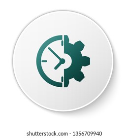 Green Clock and gear icon isolated on white background. Time Management symbol. Business concept. Green circle button. Vector Illustration