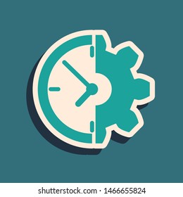 Green Clock and gear icon isolated on blue background. Time Management symbol. Business concept. Long shadow style. Vector Illustration